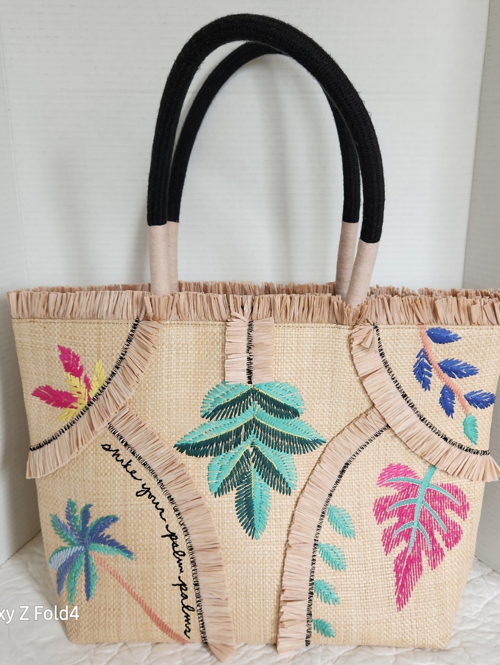 Handwoven Straw Tote Bag with Tropical Embroidery - Beige/Black
